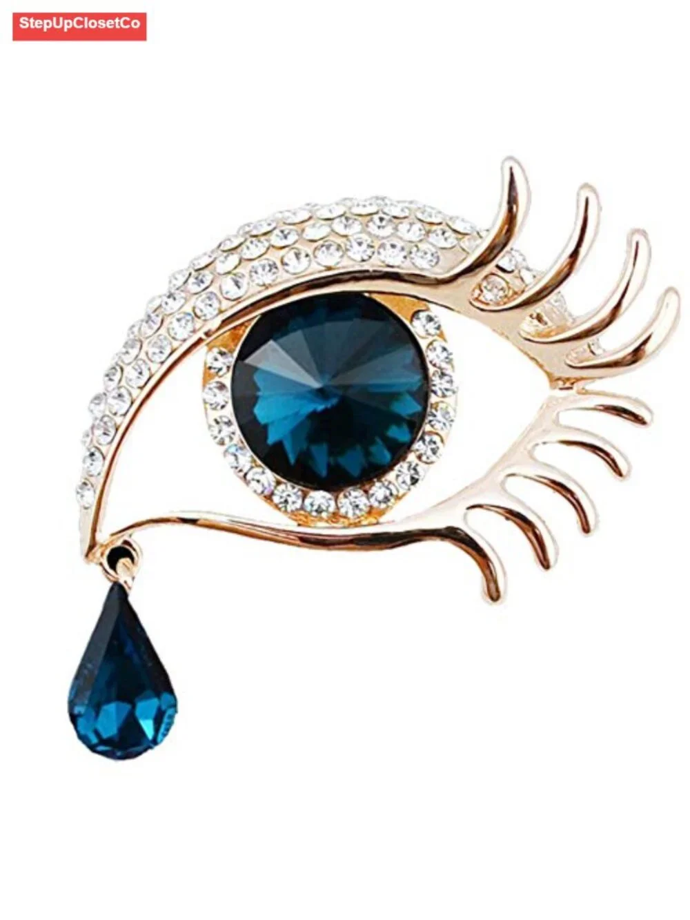 Elegant Angel Tears Brooch Pin Rhinestone Crystal Sapphire Eyes Long Eyelashes